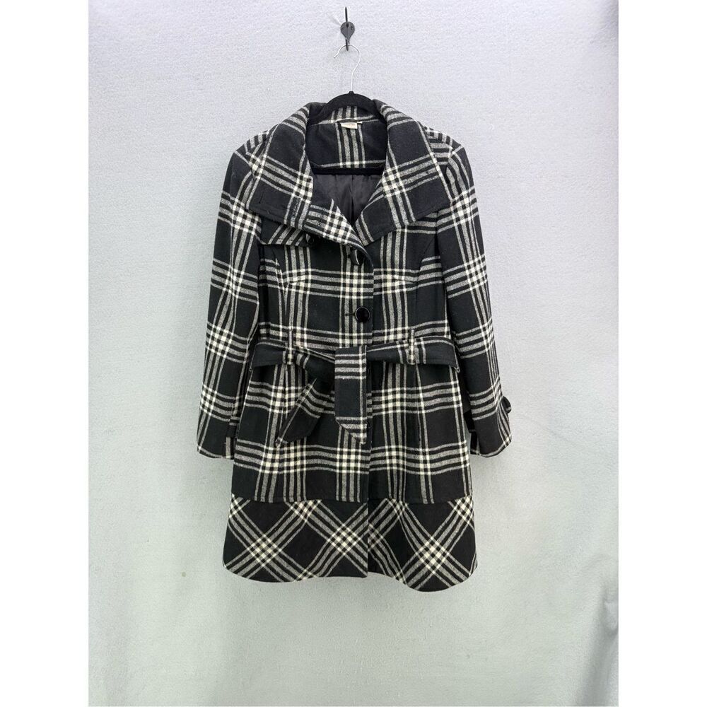 Georgiou Studio Womens Black White Plaid Long Wool Blend Pea Coat Jacket Size 12